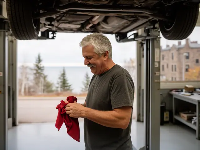 An auto-repair shop owner in a service bay under a lifted car.