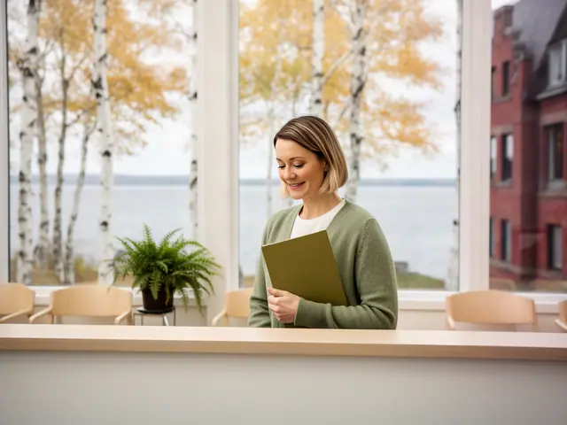 A clinic office manager holding a folder behind a reception counter.